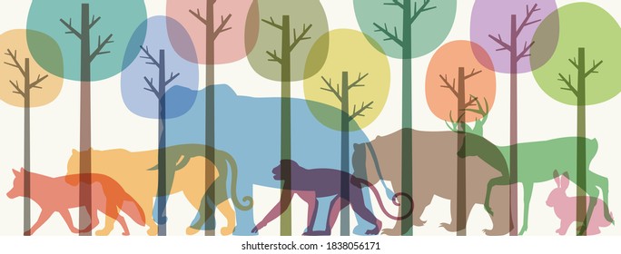 Wild Animals In Jungle Pastel Graphic For Website Header. Pastel Jungle Animals Vector Illustration Web Page Header. Pastel Banner And Background. 