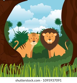 wild animals in the jungle scene