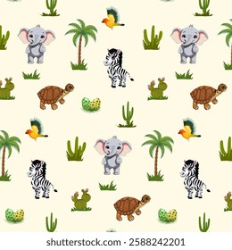 Wild animals in the jungle.Vector seamless pattern with tropical animals and palm trees on a colored background.