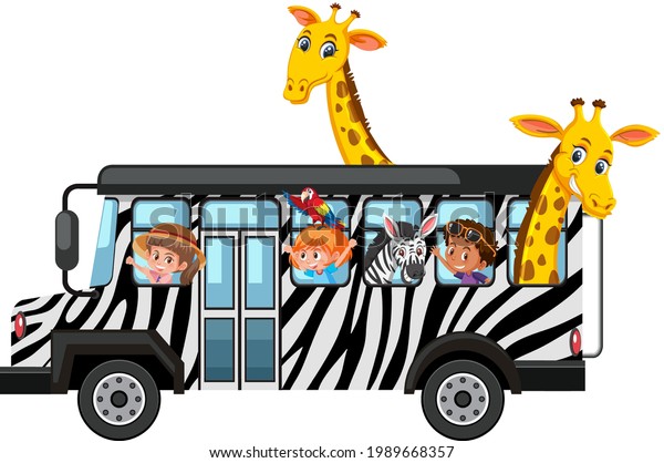 Wild animals and kids on the bus isolated on\
white background\
illustration
