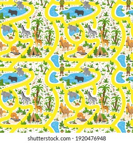 Wild animals for kids. Seamless pattern with african animals. Template for wallpaper, wrapping paper, decorations. Tourist card