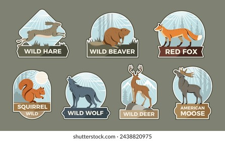 Etiquetas de animales salvajes. Imágenes estilizadas para emblemas de oso lobo silvestre del bosque y ciervo zorro insignias vectoriales recientes con lugar para el texto