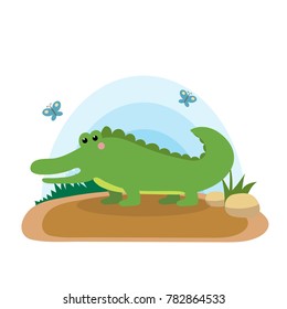 Wild animals with landscape - cute cartoon vector illustration of crocodile
