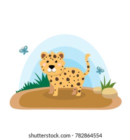 Wild animals with landscape - cute cartoon vector illustration of leopard