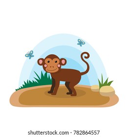 Wild animals with landscape - cute cartoon vector illustration of monkey