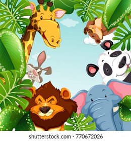 Wild animals and leaves around the border illustration