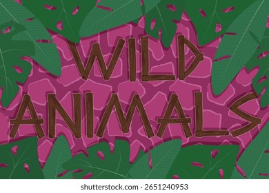 Animais selvagens com letras de grãos de madeira sobre fundo sem costura com pele de girafa e folhas tropicais.