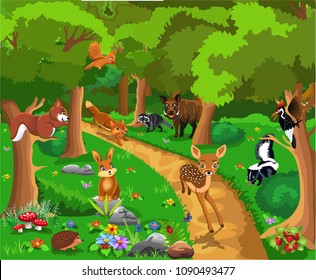 wild animals life living in the forest: a fox chasing away a fawn deer