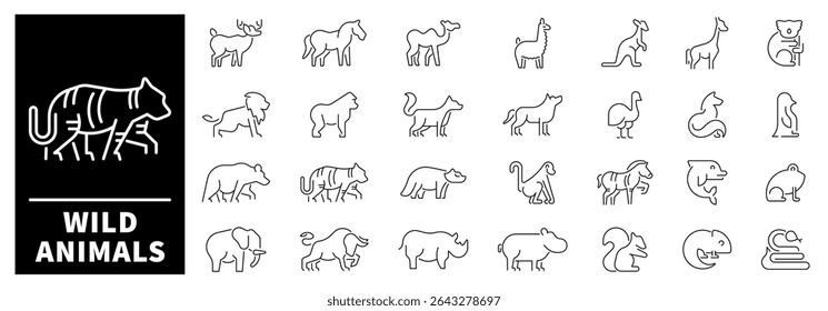 Wild animals linear vector icons. Set of outline icons related to wild animals and beasts. Wild animals outline Icons set
