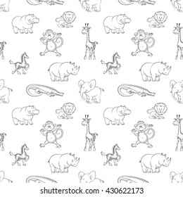 Wild animals lion elephant zebra hippo monkey seamless pattern cartoon style