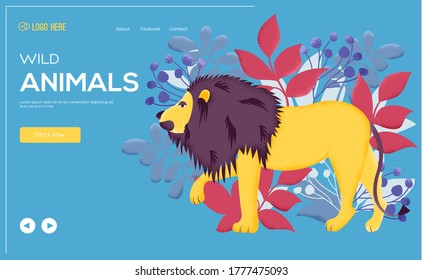 Wild Animals lion flyer, magazines, poster, book cover, banners. Layout illustration modern slider page. Grain texture and noise effect. lion  web banner, ui header, enter site concept background.
