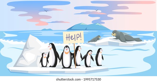 Wild animals living in antarctica suffer from global warming. Cute penguins and walruses on ice floes asking for help during global warming. Melting glaciers due to rising planet temperature concept