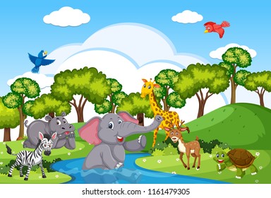 Wild animals living near river illustration