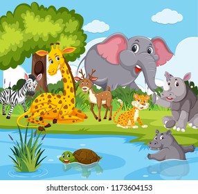 Wild animals living next to river illustration