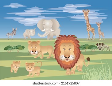 Wild animals living in the savanna. Elephants, lions, zebras, giraffes and hyenas.vector illustration
