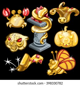 Wild animals and the main attribute of Halloween made of gold and precious stones. Vector illustration.