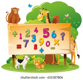 Wild animals and many numbers on board illustration