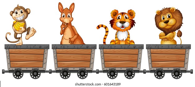 Wild animals in mining carts illustration