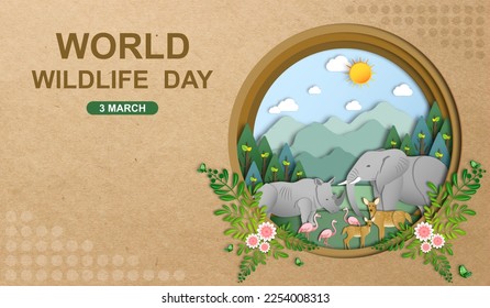 Wild animals and Natural botanical paper art style with copy space, Environment conservation, Sustainable of Ecology concept, Think green nature, Save the planet, Eco friendly and World wildlife day.