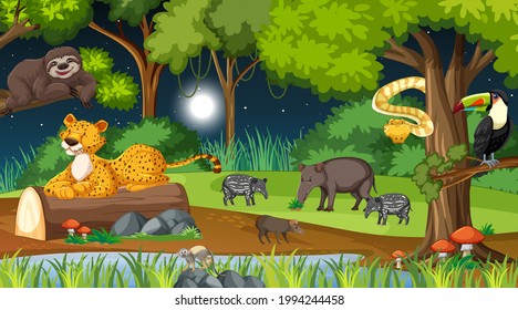 Wild animals in nature forest at night scene illustration