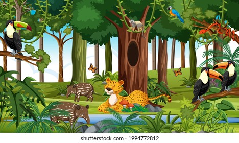 Wild animals in nature forest scene at daytime illustration
