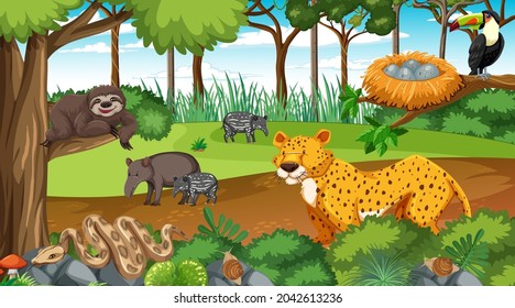 Wild animals in nature forest scene at daytime illustration