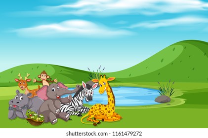 Wild animals in the nature illustration