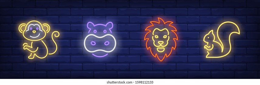 Wild animals neon sign set. Monkey, hippo, lion, squirrel. Vector illustration in neon style, bright banner for topics like zoo, wildlife, hunting, safari