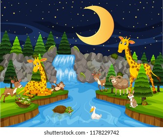 Wild animals next to river at night illustration