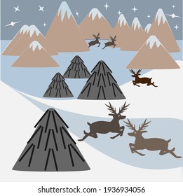 Wild animals in the North.  Landscape with snow-capped mountains and snowdrifts, deer and yurts.  Alaska.  Vector landscape