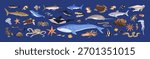 Wild animals of the ocean set. Sea life, underwater fauna, undersea wildlife. Different seabed creatures: fish, dolphin, shark, turtle, whale, narwhal, squid. Flat isolated vector illustrations