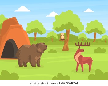 Wild Animals on Beautiful Natural Summer Landscape, Bear and Moose in the Zoo or Safari Park Vector Illustration