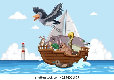 Wild animals on a boat  illustration