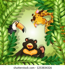 Wild animals on green leave frame illustration