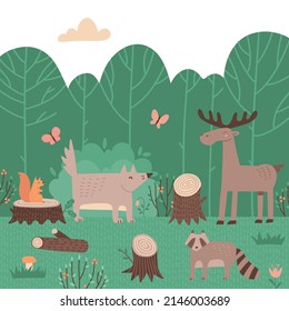 Animales salvajes sobre el fondo verde del bosque de verano. Un alce alegre, un lobo, un mapache y una ardilla que viven en un vaso de árboles grandes. Ilustración vectorial de mano plana