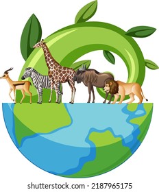 Wild animals on half of earth vector illustration