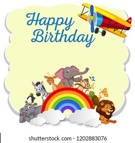 Wild animals on happy birthday template illustration