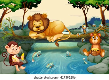 Wild animals on the river illustration