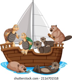 Wild animals on a ship in cartoon style illustration