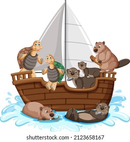 Wild animals on a ship in cartoon style illustration