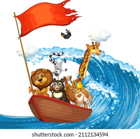 Wild animals on the ship with ocean wave illustration