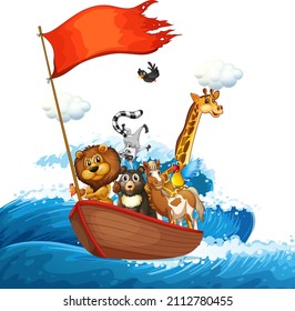 Wild animals on the ship with ocean wave illustration