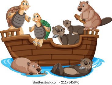Wild animals on wooden boat in cartoon style illustration