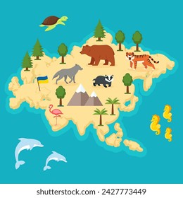 Wild animals on the world map. Vector illustration in flat style.
