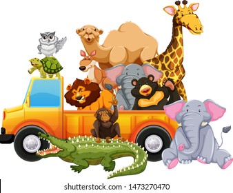 Wild animals on yellow truck illustration