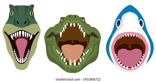 Wild animals with open mouth. Dinosaur, crocodile, shark. Animals in cartoon style. Label, Design Logo, Vector Clipart. Vector illustration isolate. Print for T-shirts and sweatshir