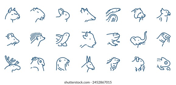 Conjunto de iconos de contorno de animales salvajes. Símbolos lineales de animales para el Diseño web - mamífero, pájaro, reptil, anfibio, erizo, lobo, llama, rana, alce, burro, rata, camaleón.