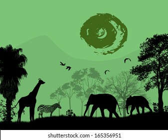 Wild animals over green sunset, vector illustration