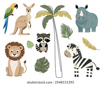 Wilde Tiere und Palmblätter. Rhinozeros, Zebra, Löwe, Känguru, Papagei, Waschbär. Handgezeichnetes Dschungelset.