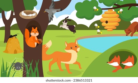 Wild animals in the park. Vector illustration in flat cartoon style.